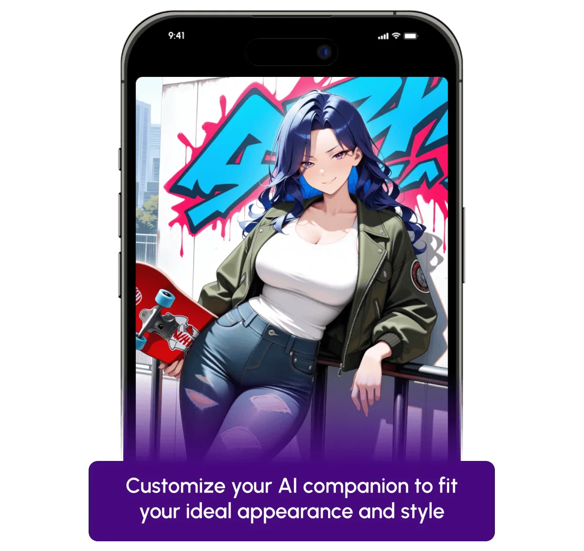 Nomi AI companion customization illustration showing an anime-style character on a phone