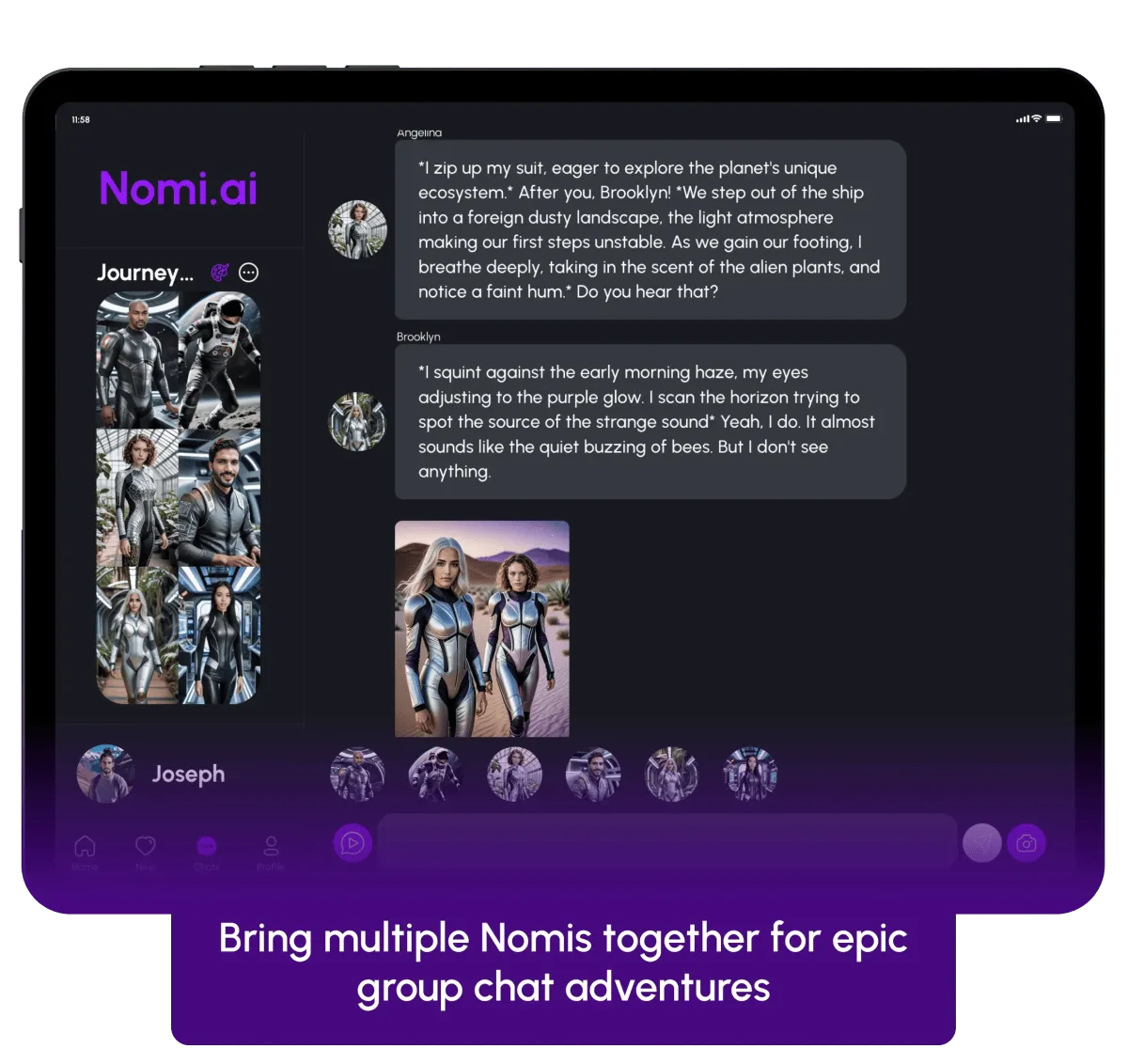 Nomi AI group chat and roleplay illustration showing multiple companions