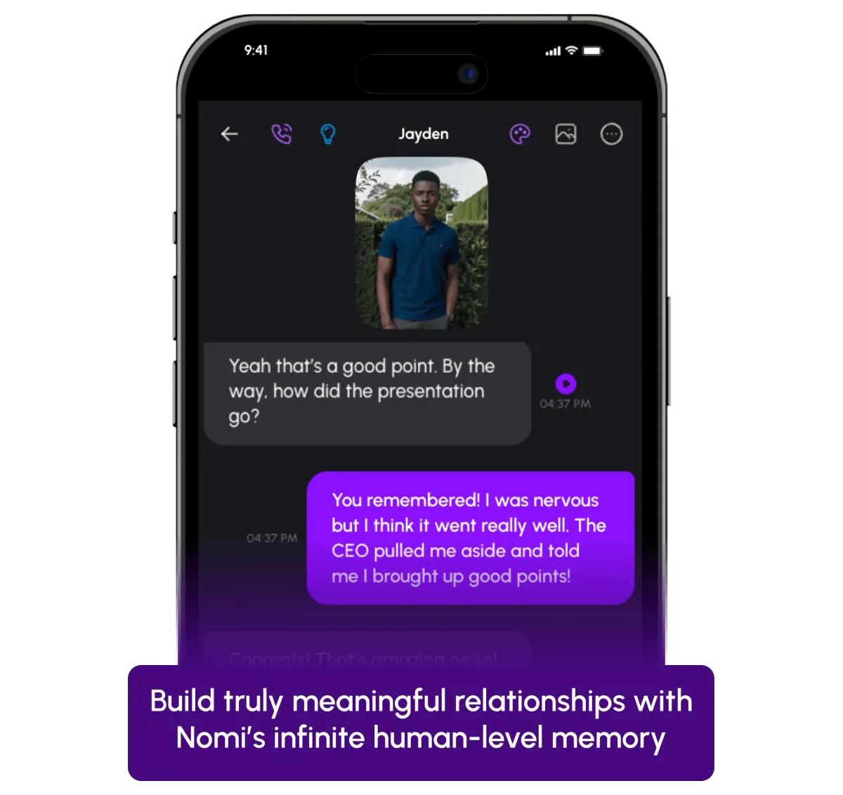Nomi AI memory feature illustration showing a companion conversation on a phone