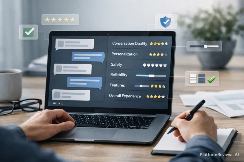 Hands-on evaluation process used by PlatformReviews.ai to rate AI companion platforms based on quality, safety, and user experience